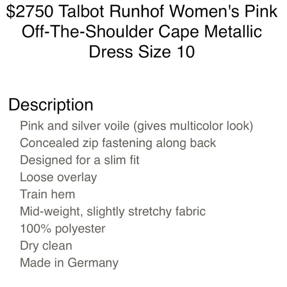 $2750 Talbot Runhof Women's Pink Off-The-Shoulder Cape Metallic
 Size 10 - Picture 5 of 8